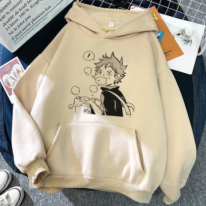 Felpa unisex con cappuccio e stampa anime - beige chiaro "Karasuno Volleyball Club"