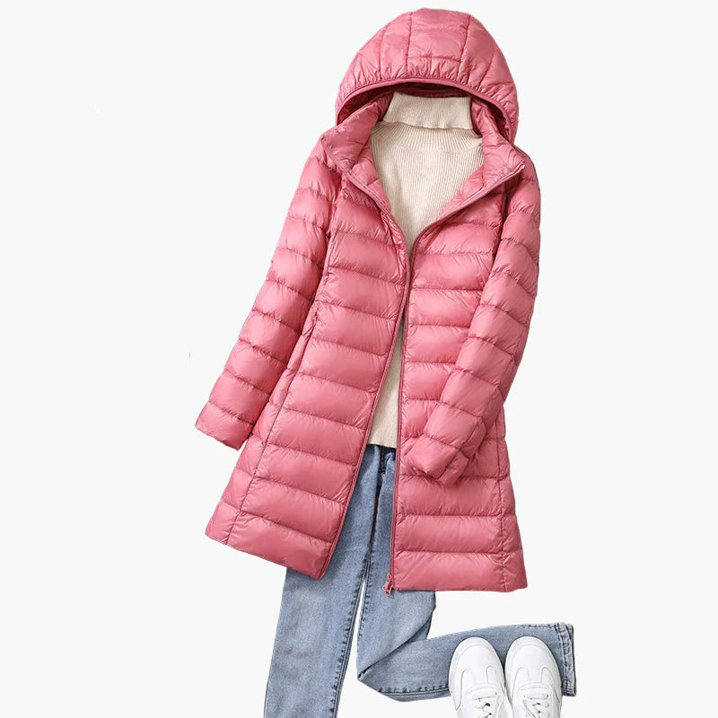 Dames winter gewatteerde mantel met capuchon – Stijlvolle lange outdoor puffer voor dagelijks en vrijetijd