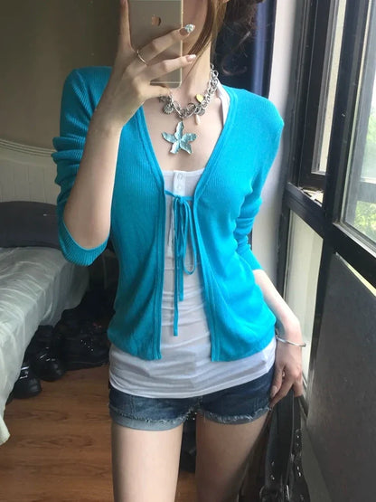 Cardigan da donna in maglia con scollo a V, maniche lunghe, blu