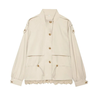 Chaqueta de mujer con cuello alto, cordón ajustable y ribete de encaje