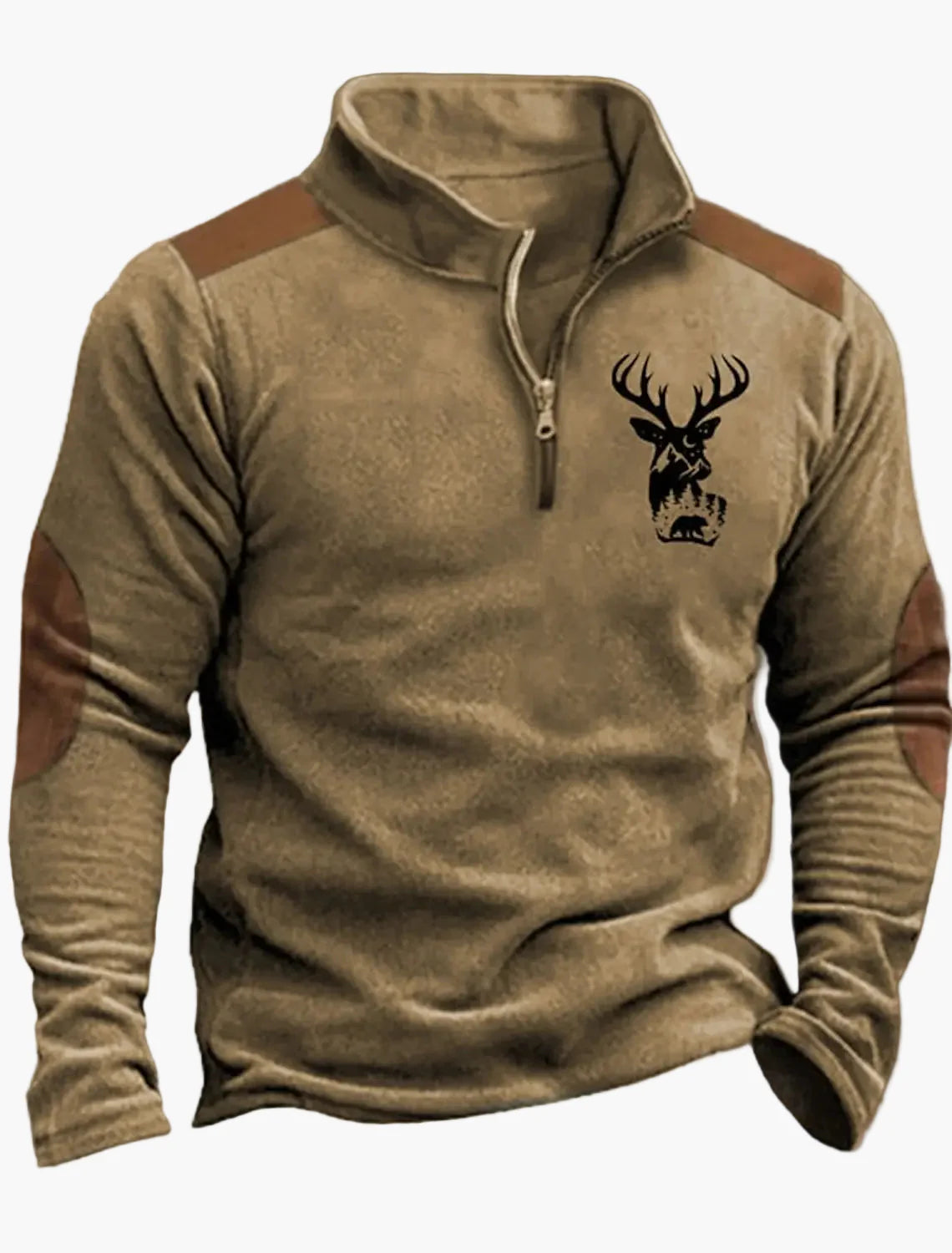 Herren Outdoor Sweatshirt mit Hirsch-Print und Reißverschluss – Freizeit & Jagd Pullover