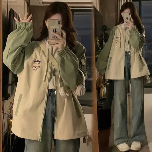 Damen Jacke Zweifarbig Kapuze Beige Grün Reißverschluss