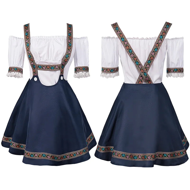 Damska sukienka dirndl w kolorze białym i granatowym, z haftem, z odkrytymi ramionami, z paskami i spódnicą