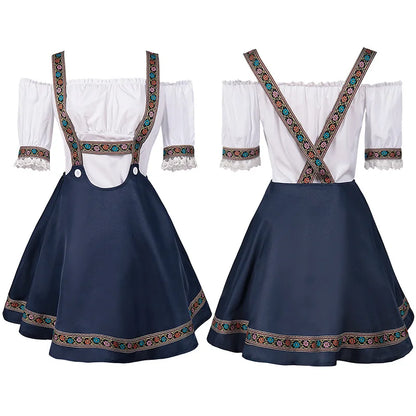 Damska sukienka dirndl w kolorze białym i granatowym, z haftem, z odkrytymi ramionami, z paskami i spódnicą