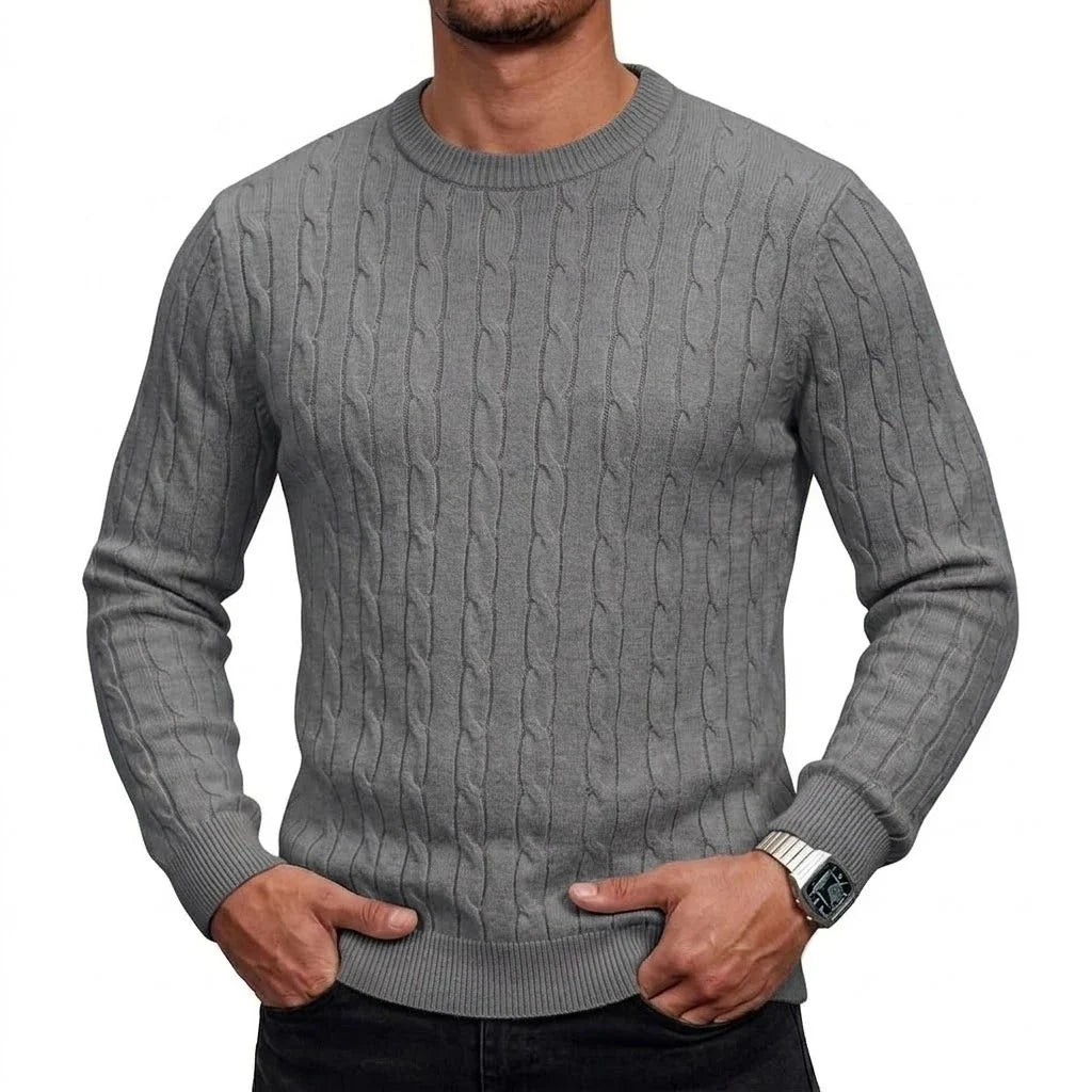 Herren Zopfmuster Pullover Rundhals Langarm Strickpullover