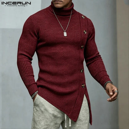 Herren Rollkragenpullover Asymmetrischer Strickpullover mit Knöpfen