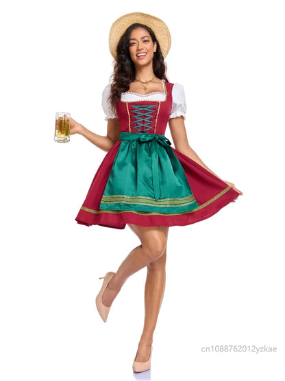 Dirndl da donna rosso e verde, camicetta tirolese e grembiule