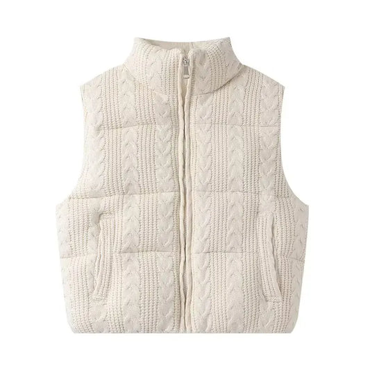 Gesteppte Weste mit Stehkragen und Zopfmuster Beige