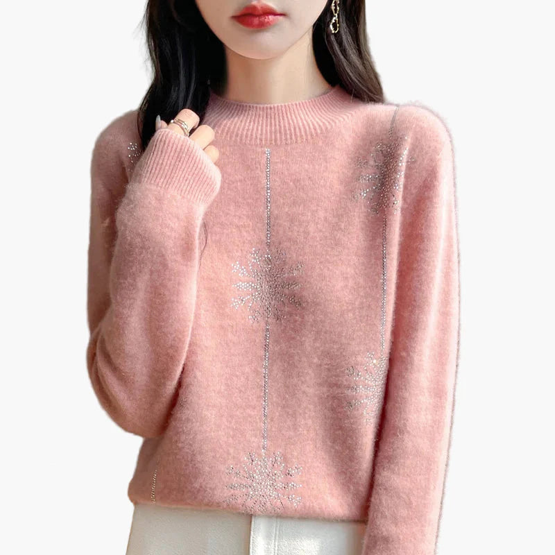 Damen Pullover mit Stehkragen und Strass-Verzierung – Eleganter Winterpullover für Alltag und Büro