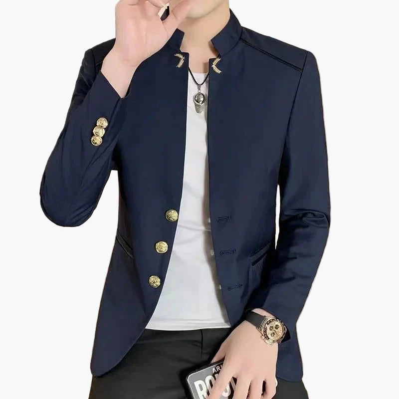 Męski blezer z kołnierzem stójką, nowoczesny, business casual, slim fit