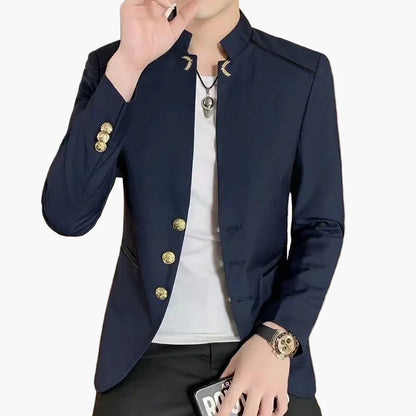 Męski blezer z kołnierzem stójką, nowoczesny, business casual, slim fit