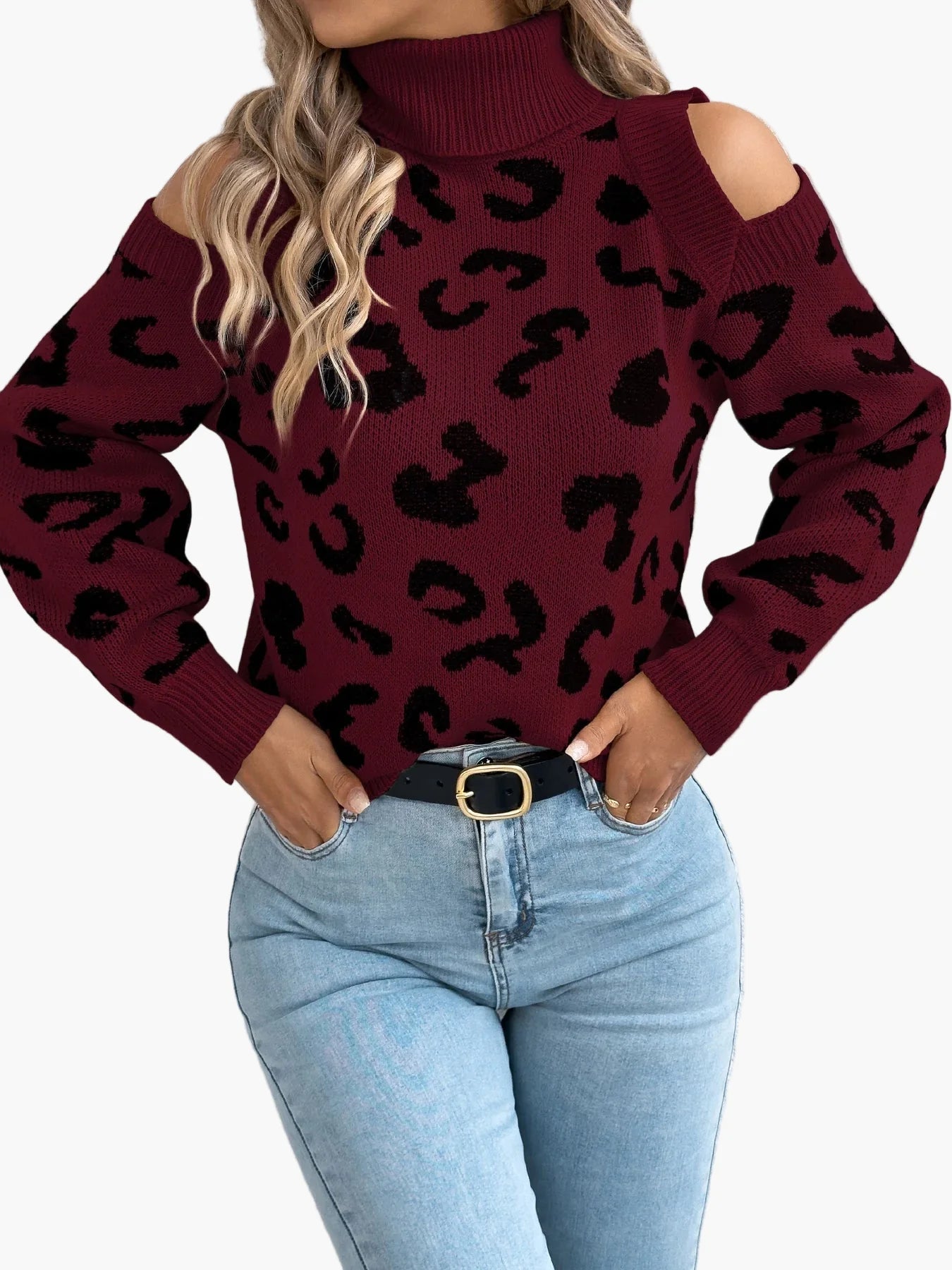 Dames Trui met cut-out schouders en luipaardprint – Trendy vrijetijdsgebreide trui