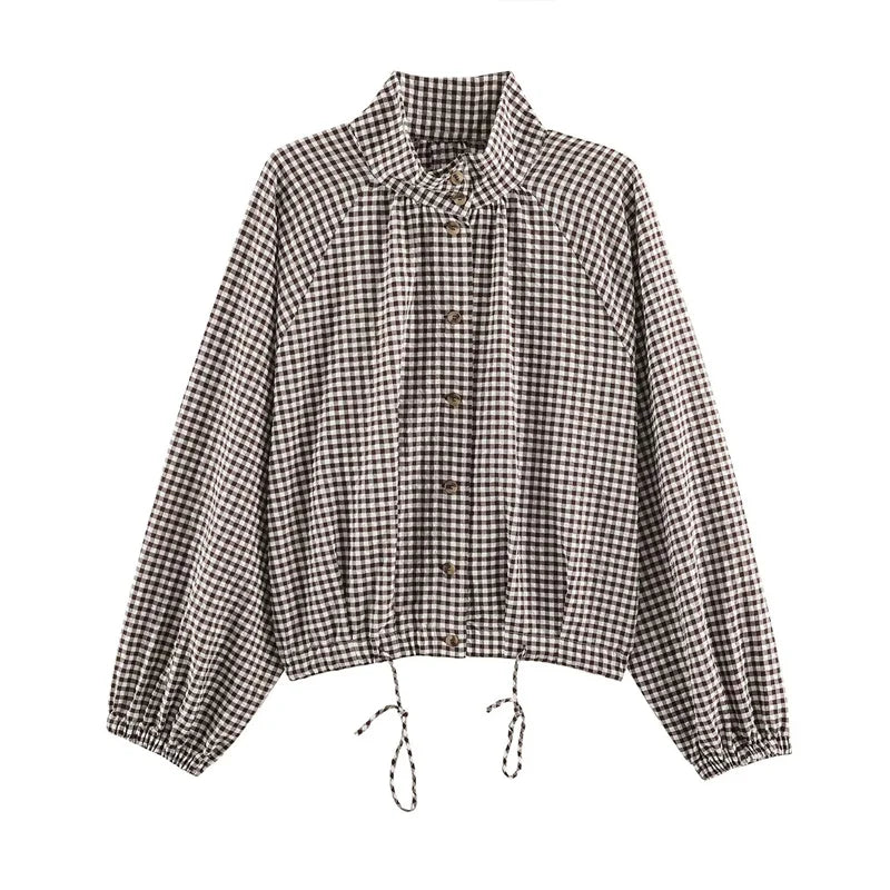 Damesblouse met ruitpatroon, hoge kraag en veterdetails – lange mouwen