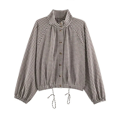 Damesblouse met ruitpatroon, hoge kraag en veterdetails – lange mouwen