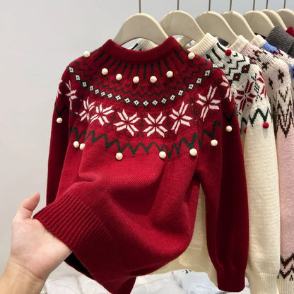 Pull pour femme en maille à motif Fair Isle, col rond, rouge et crème