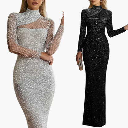 Abito da sera da donna glitterato a maniche lunghe elegante bodycon per feste e balli