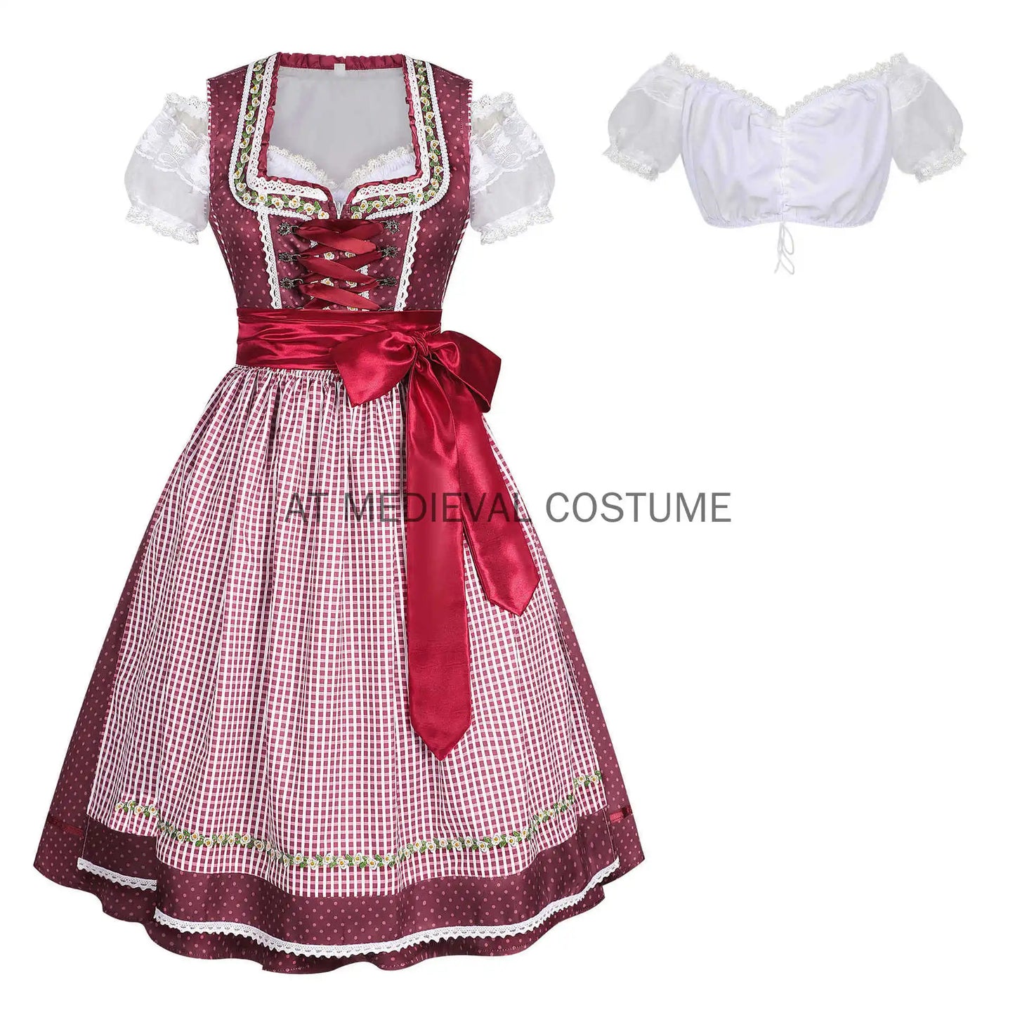 Dirndl Trachtenkleid für Damen, Weinrot mit weißer Bluse und Schürze, kariert/gepunktet