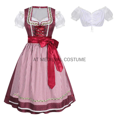 Dirndl Trachtenkleid für Damen, Weinrot mit weißer Bluse und Schürze, kariert/gepunktet