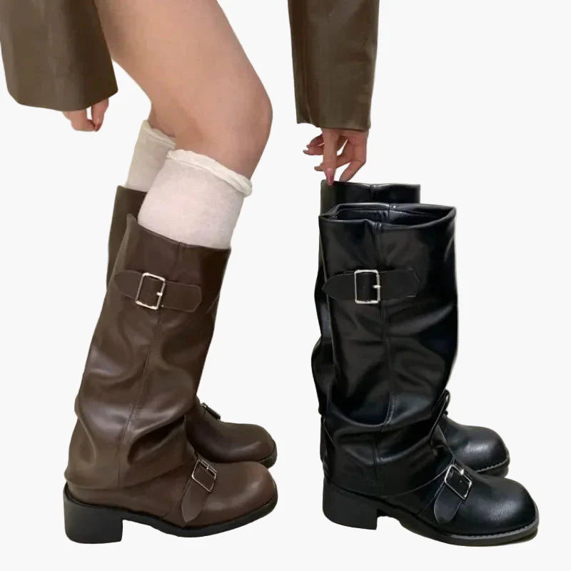 Stivali da donna al ginocchio con fibbie – Stile urbano alla moda per autunno e inverno
