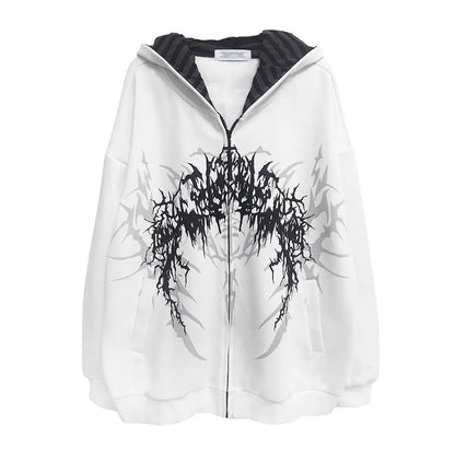 Giacca con cappuccio unisex con cerniera, oversize, stampa gotica