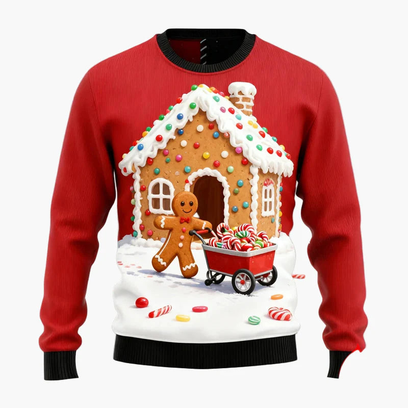 Pull de Noël pour homme avec bonhomme en pain d’épices, maison en pain d’épices et sapin – Pull moche festif et amusant