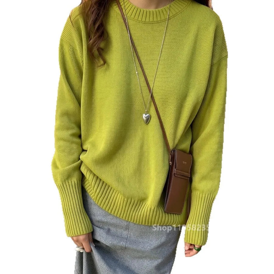 Damen Strickpullover Rundhalsausschnitt Oversize Langarm