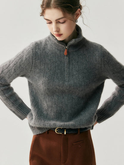 Damen Strickpullover mit Zopfmuster, Stehkragen und Reißverschluss