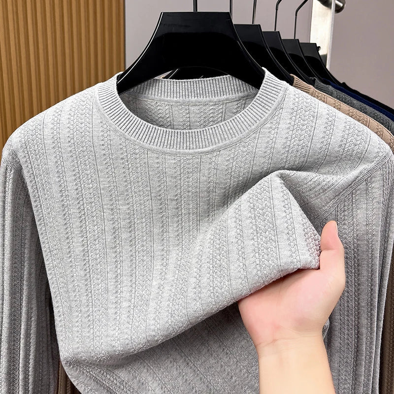Maglione da uomo in maglia a girocollo, maniche lunghe, a coste fini strutturate, grigio