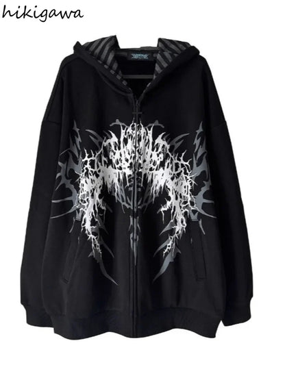Giacca con cappuccio unisex con cerniera, oversize, stampa gotica