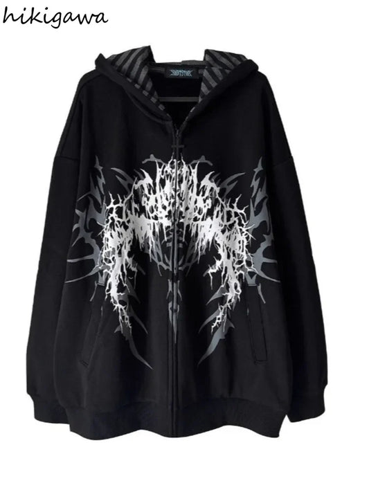 Chaqueta unisex con capucha, cremallera, corte oversize y estampado gótico