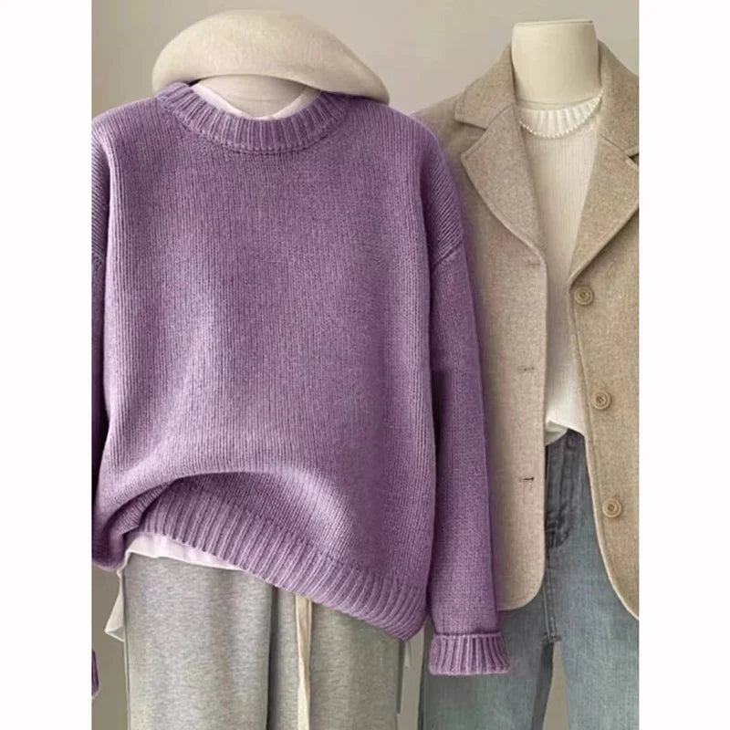 Pull en grosse maille pour femme, col rond, manches longues