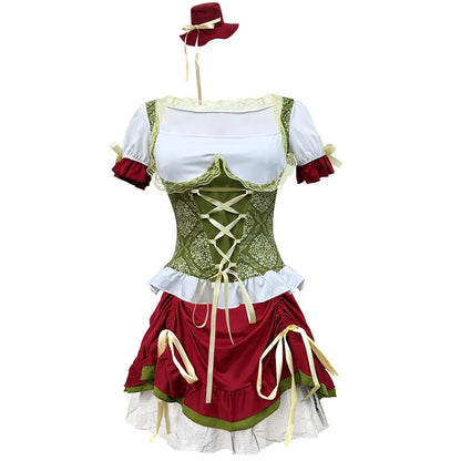 Dame-tyrolerkostume i rød og grøn med hat, kortærmet, Oktoberfest