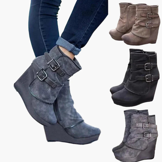 Bottines femme à talon compensé avec double boucle pour l'automne et l'hiver
