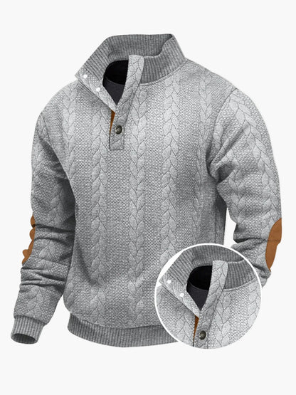 Męski sweter z dzianiny ze stójką, modnym warkoczowym wzorem i łatami na łokciach – Swobodny sweter outdoor na co dzień i czas wolny
