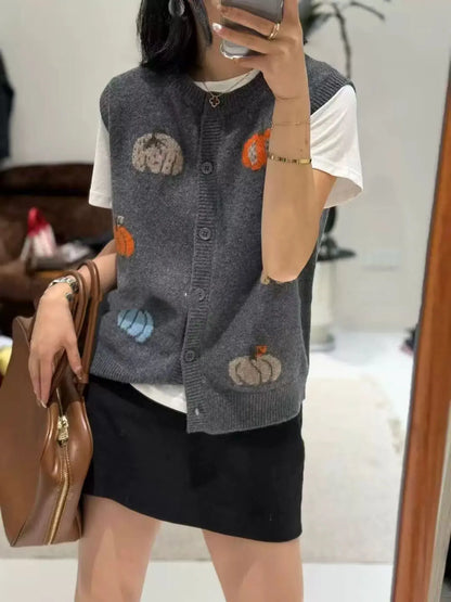 Damen Strickweste mit Kürbis-Motiven, ärmelloser Cardigan mit Knöpfen