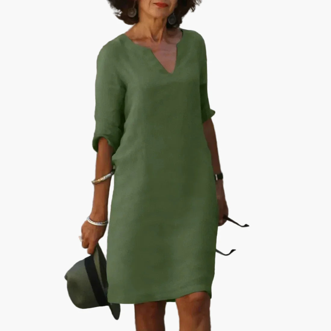 Abito da donna con scollo a V e maniche 3/4 – Abito casual e quotidiano senza tempo, elegante