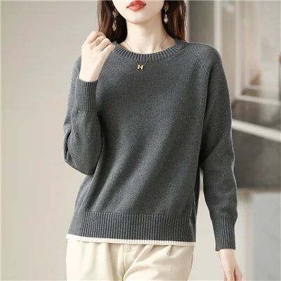 Damen Rundhals Strickpullover Langarm Feinstrick Hellblau