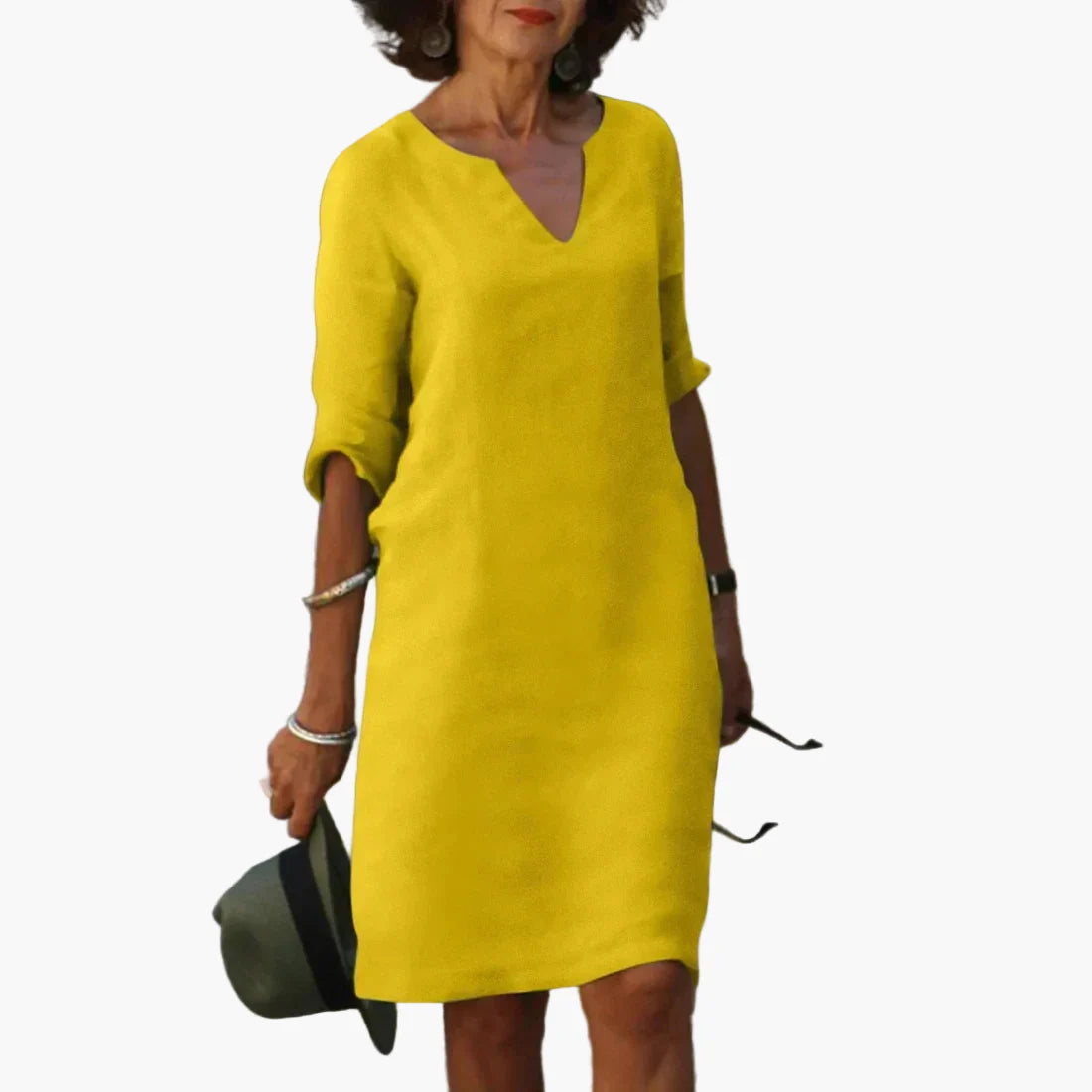 Abito da donna con scollo a V e maniche 3/4 – Abito casual e quotidiano senza tempo, elegante