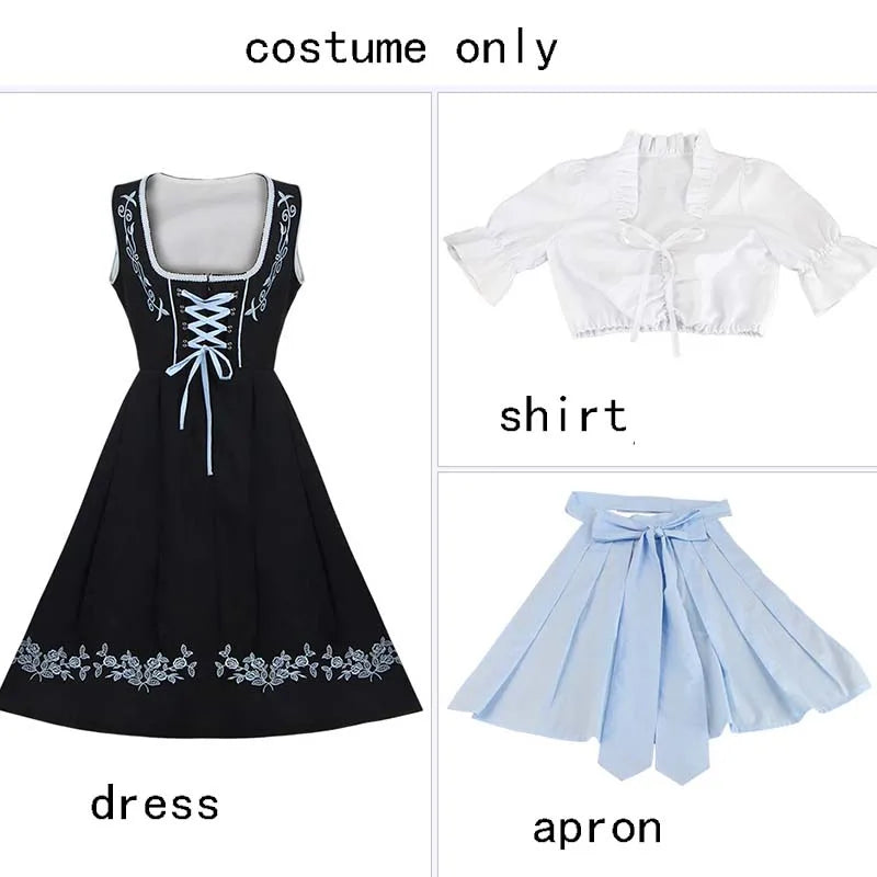 Robe traditionnelle dirndl pour femme avec tablier et blouse, noir et bleu avec broderies
