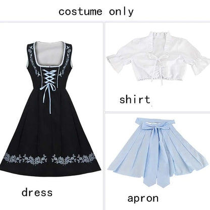Robe traditionnelle dirndl pour femme avec tablier et blouse, noir et bleu avec broderies