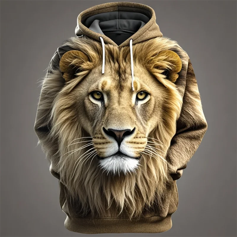 Felpa con cappuccio con stampa di testa di leone, design con motivo animale unisex
