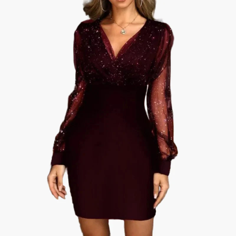 Dame elegant festkjole med glimmer og transparente ærmer – Perfekt til aftenarrangementer