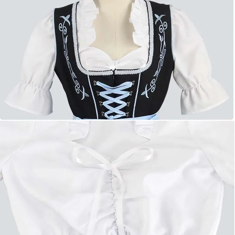 Robe traditionnelle dirndl pour femme avec tablier et blouse, noir et bleu avec broderies