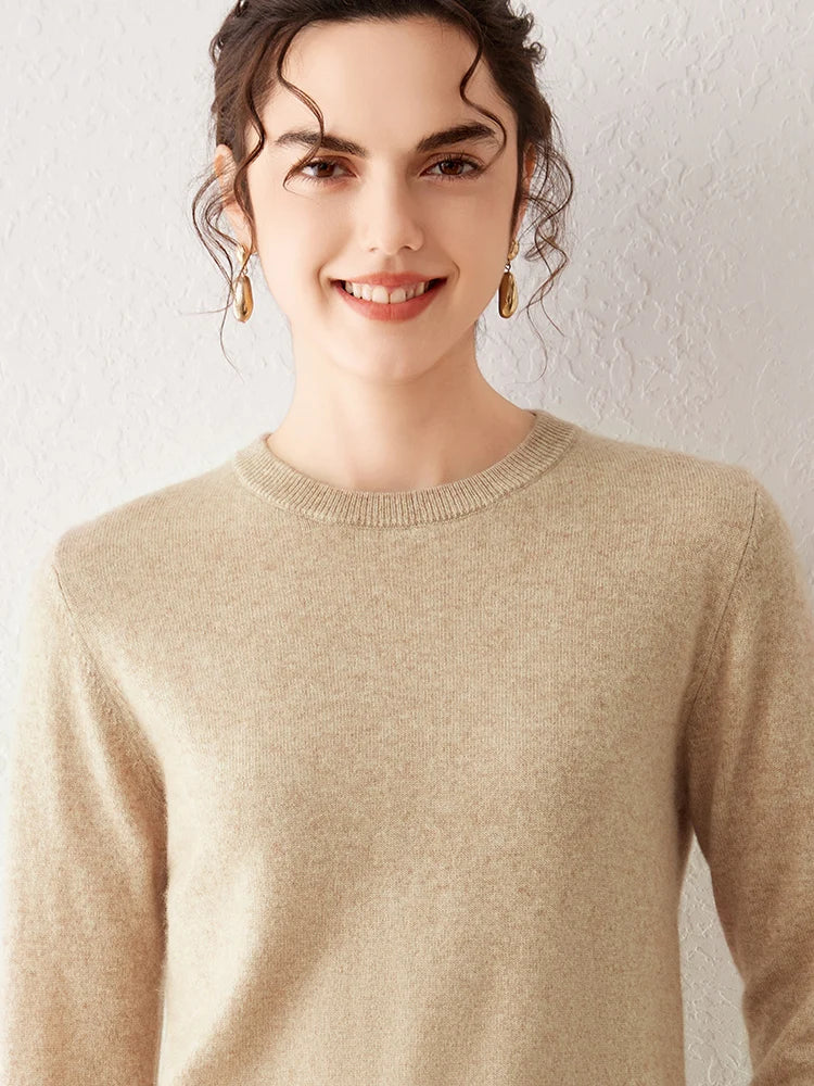 Pull femme à col rond et manches longues, maille fine, basique