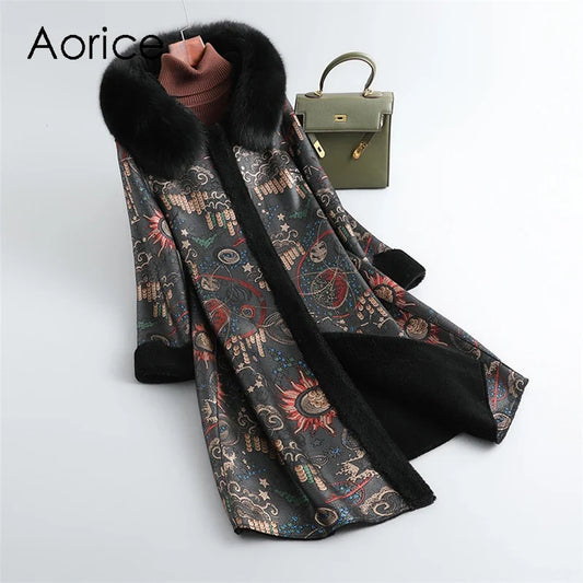 Manteau d’hiver pour femme avec col en fourrure et motif, long et doublé
