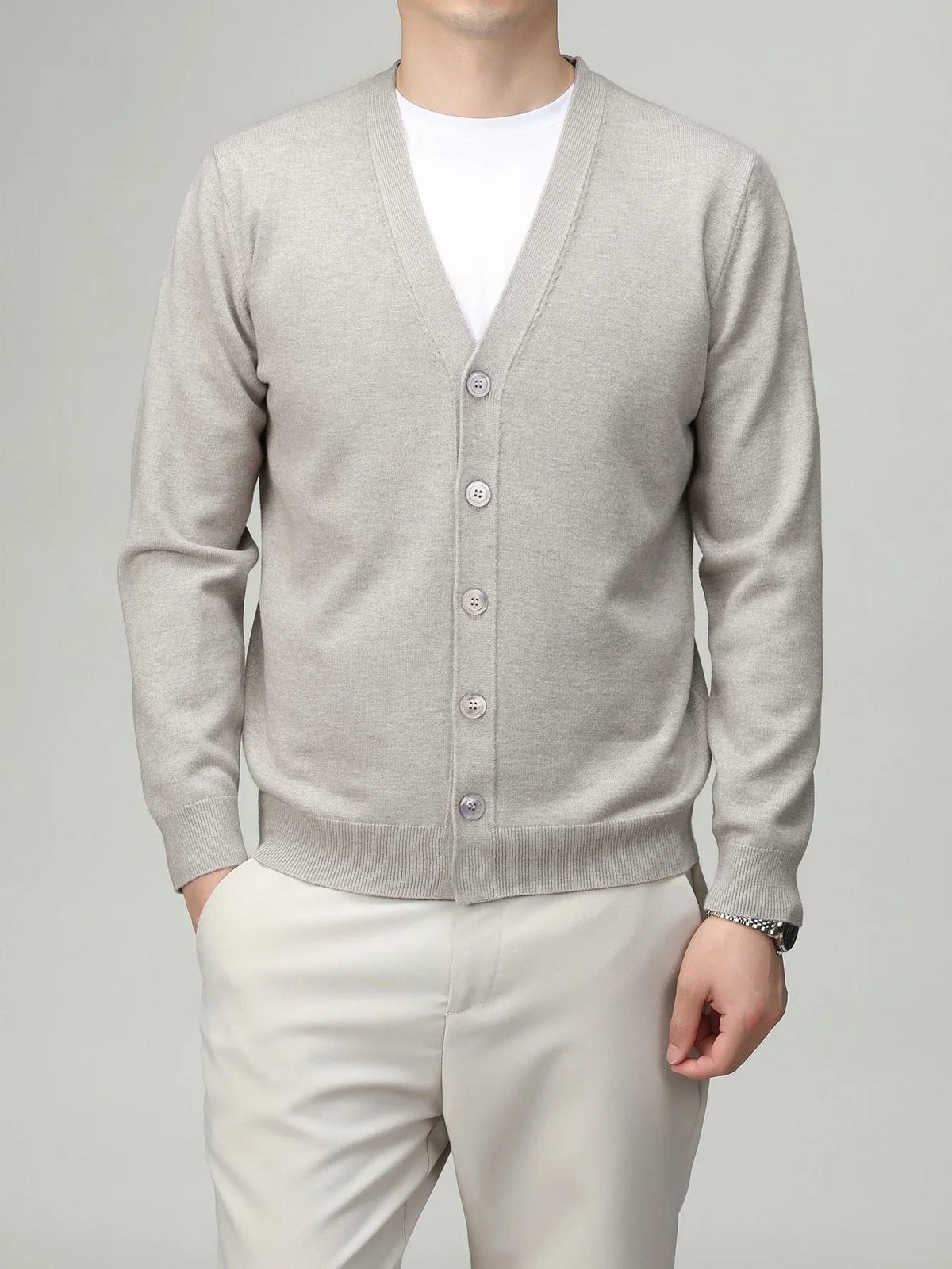 Herren Strickjacke V-Ausschnitt Knopfleiste Cardigan Langarm Rippbündchen