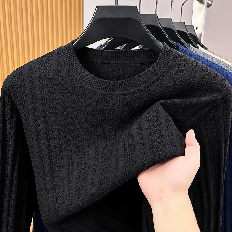 Maglione da uomo in maglia a girocollo, maniche lunghe, a coste fini strutturate, grigio