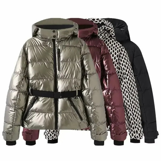 Damen Steppjacke mit Kapuze und Gürtel, glänzend oder gemustert