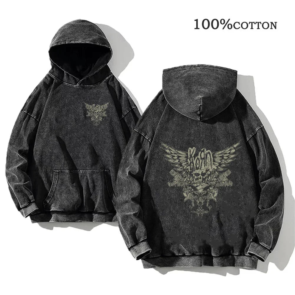Unisex Kapuzenpullover Grau mit Band-Print & Kängurutasche