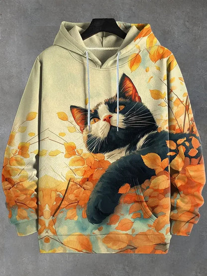 Unisex Kapuzenpullover mit Katzen-Motiv Print Kängurutasche